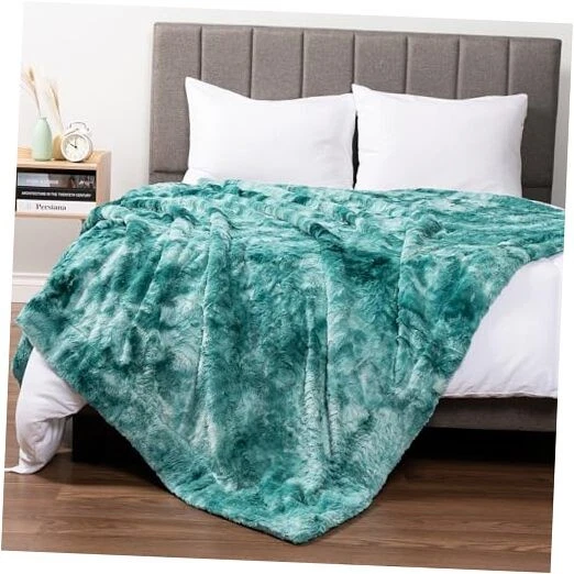 PAVILIA Soft Fuzzy Faux Fur Bed Blanket King Teal Green Fluffy Furry Warm