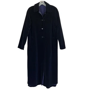 Velvet Maxi Coat Black Purple Lined Button Down Elegant Warm Winter READ - Picture 1 of 7
