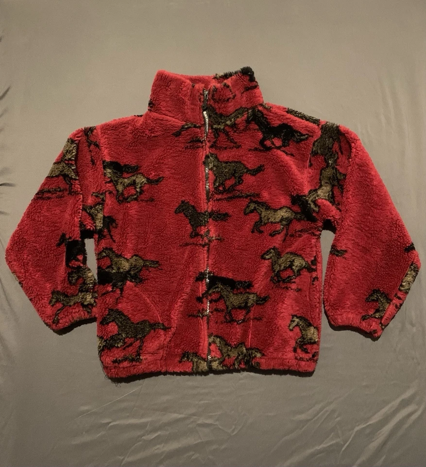 Vintage Black Mountain Fleece Jacket Kids XL 16 Red All Over Horse Full Zip 90s - Image 1 of 4