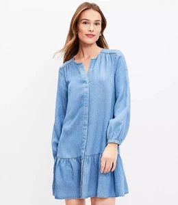LOFT Chambray Flounce Dress Women's M Split Neck Blouson Sleeves Lyocell Linen - Picture 1 of 8