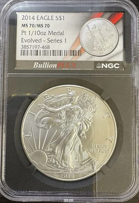 2014 American Silver Eagle & 1/10th Oz Platinum Pt Medal NGC MS70 Bullion Plus - Image 1 of 4
