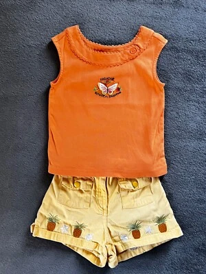 Pantalones Cortos Gymboree Amarillo Piña y Camiseta Sin Mangas Naranja Paradise, Talla 4 (Vintage) Foto 1 de 4
