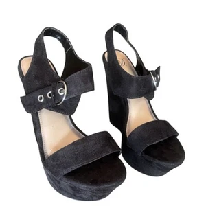 Heart in D Single Band Open Toe Ankle Buckle Platform Wedge Suede Sandals 9 - Picture 1 of 8