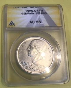 Rare 1929 D  Germany Large Silver 5 marks-Lessing ANACS AU-58 - Picture 1 of 4