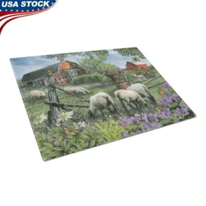 Large Glass Cutting Board Sheep Farm Art Heat Resistant Kitchen Chopping Block - Picture 1 of 3