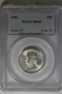 1943 .25 PCGS MS66 Washington Quarter, Silver 25 Cents - Picture 1 of 2