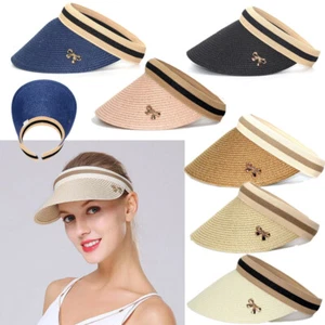 Ladies Women Summer Sun Visor Beach Hat Long Brim Straw Anti-UV Beach Tennis Cap - Picture 1 of 25