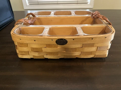 Peterboro Basket with dividers. Plastic insert. Leather Braided handles Cover