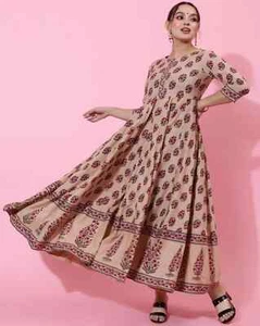 Indian Women Beige Floral Printed Flared Kurta Kurti A-Line Long Dress Top Tunic - Picture 1 of 7
