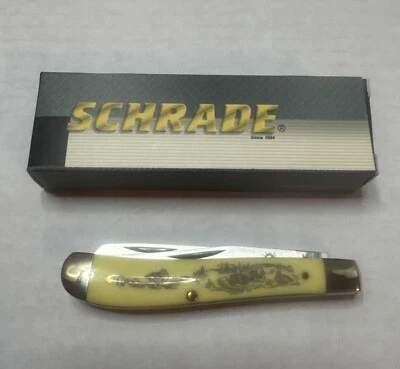 Cuchillo trampero Schrade 94OTYDU1 Gunstock, amarillo con escena de pato Foto 1 de 4