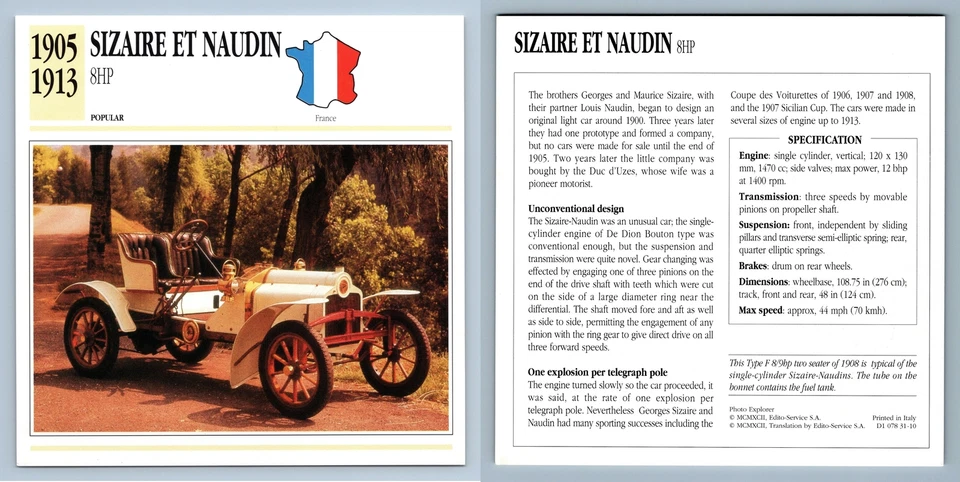 Sizaire Et Naudin - 8HP - 1905-13 Popular - Classic Cars Collectors Club Card - Image 1 of 1