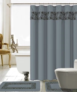 15 Piece Lilian Embroidery Banded Shower Curtain Bath Set (Gray ) - Picture 1 of 1