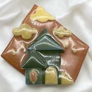 Vintage Lucinda House Brooch Green House Pin Yellow Clouds 3 in - Picture 1 of 6