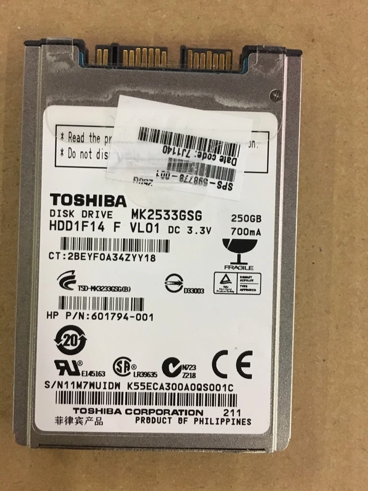 HP 601794-001,598778-001,Toshiba-250GB HDD -MK2533GSG-SATA 1.8 INCH,5400RPM - Image 1 of 1