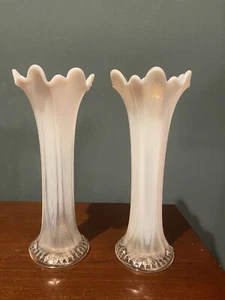 Pair of Northwood Swung Vases White Opalescent Art Deco Chevron Antique 10.5” - Picture 1 of 12