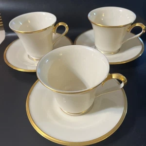 Lenox Eternal Tea Coffee Cups And Saucers Ivory & Gold Trim Set of 3 USA - Picture 1 of 8