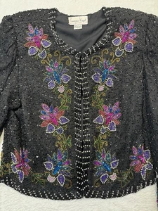 Vintage Laurence Kazar Seide Perlen Jacke schwarz Blumen verziert Top Gr. L - Bild 1 von 8