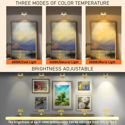 3 Pack Gold Battery Operated Picture Light, Wireless Picture Lights for Wall ... - Image 1 of 4