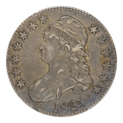 Монета номиналом 50 центов 1825 с изображением бюста и крышкой PCGS AU-50 - Изображение 1 из 4