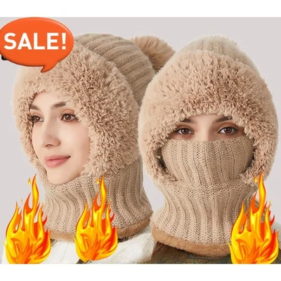 Winter Knit Hat Fleece Lining Ear Flaps - 3-in-1 Beanie Scarf Mask for Women - Image 1 of 4