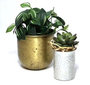 Vintage Hammered Metal Pots Planters Brass & Alumnum Set 2 - Picture 1 of 8