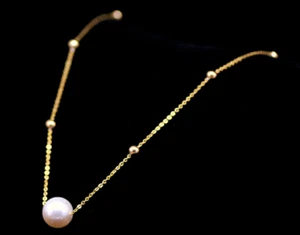 9-10mm White  Natural AAA Akoya Round Single Pearl Necklace 18" 14k Gold P - Picture 1 of 1