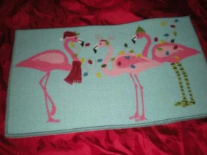 TROPICAL CHRISTMAS LIGHTS PINK FLAMINGOS DRESSED IN CHRISTMAS HATS POLY MAT RUG - Picture 1 of 7