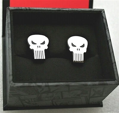 Gemelos cromados con logotipo de calavera The Punisher clásicos de Marvel nuevos en caja Foto 1 de 4