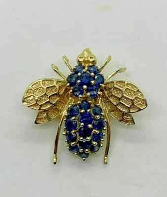 2Ct Round Lab Created Blue Sapphire Bee Brooch Pin 14k Yellow Gold Plated - Image 1 of 4