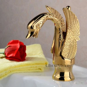 Grifo mezclador de lavabo de baño con forma de cisne de latón dorado pulido de lujo montaje en cubierta - Imagen 1 de 3