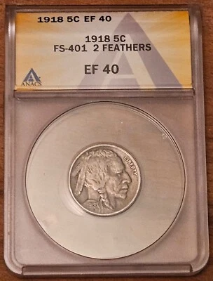 US Buffalo Nickel Error Coin: 1918 Two Feather Variety FS-401 ~ Nice ANACS EF40 - Image 1 of 2