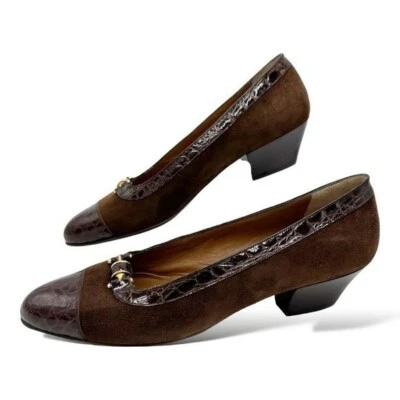 Bally Vintage Brown Suede Leather Heels Trimmed In Croc Embossed Patent Leather - Image 1 of 4