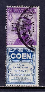 ITALY — SCOTT 105b — 1924 KING W/COEN ADVERTISING LABEL, PERFIN — USED — SCV $85 - Picture 1 of 2