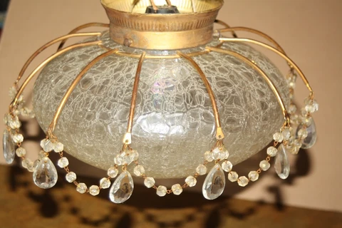 Antique Vintage Crackle Glass w/ Glass Prism Ring Ceiling Light Fixture Cover