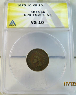1875 Indian cent ANACS VG10 *Snow 1 FS 301 RPD* - Image 1 of 4
