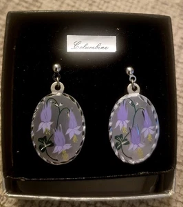 Vtg Rare Nobska Hand  Engraved Pewter Floral Columbine Earrings Pink Green - Picture 1 of 7