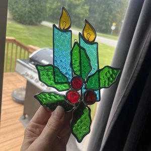 Stained Glass Sun Catcher Christmas Holiday Candles & Holly 8” X 5” - Picture 1 of 10