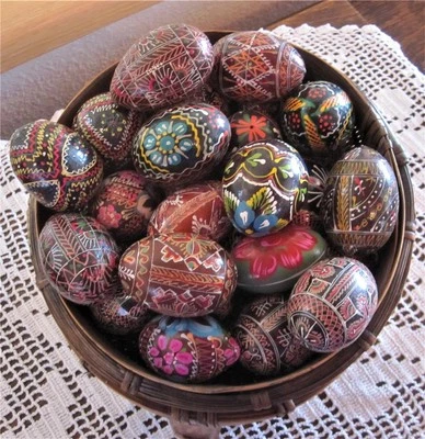 6 Vtg Hand Painted Eastern European Wooden Easter Eggs Pysanky,Pysanki,Pysanka - Image 1 of 4