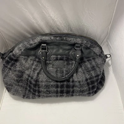 LL Bean Black &Gray Plaid Alpaca Wool/Leather  Oversized Satchel Crossbody Bag - Image 1 of 4