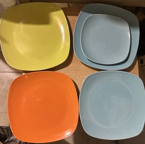 5 Melamine Square Dinner Plates 10.5" Yellow Orange Blue Durable Indoor Outdoor - Picture 1 of 1