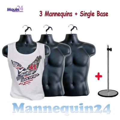 3 PCS of MANNEQUIN MALE TORSOS +3 HANGERS + 1 STAND -BLACK DRESS FORMS FOR MEN - Image 1 of 4