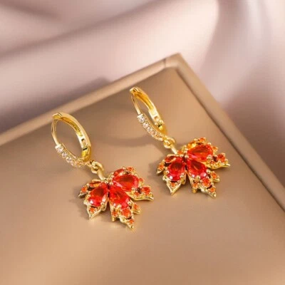 Fashion 14k Gold Maple leaf Drop Dangle Earrings - Image 1 of 4