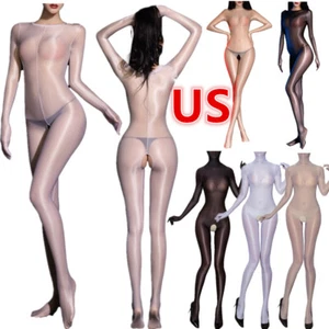 Womens Oil Shiny Hollow Out Bodysuit Skintight Full Body Underwear Nightwear - Picture 1 of 62