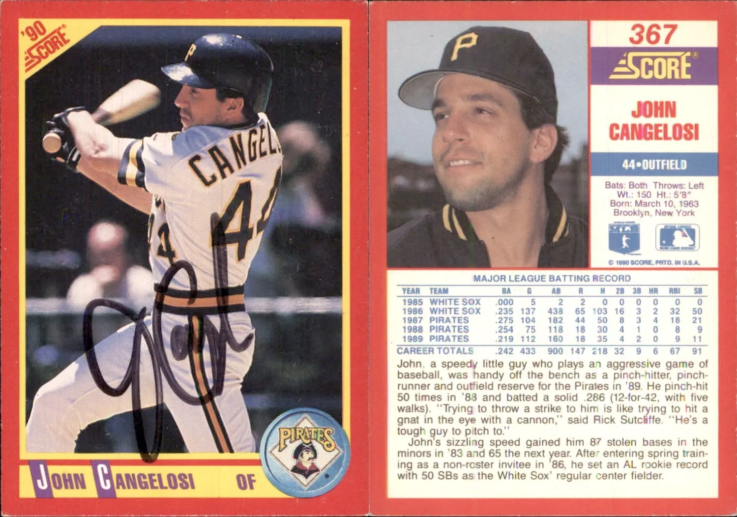 John Cangelosi Signed 1990 Score #367 Card Pittsburgh Pirates Auto AU