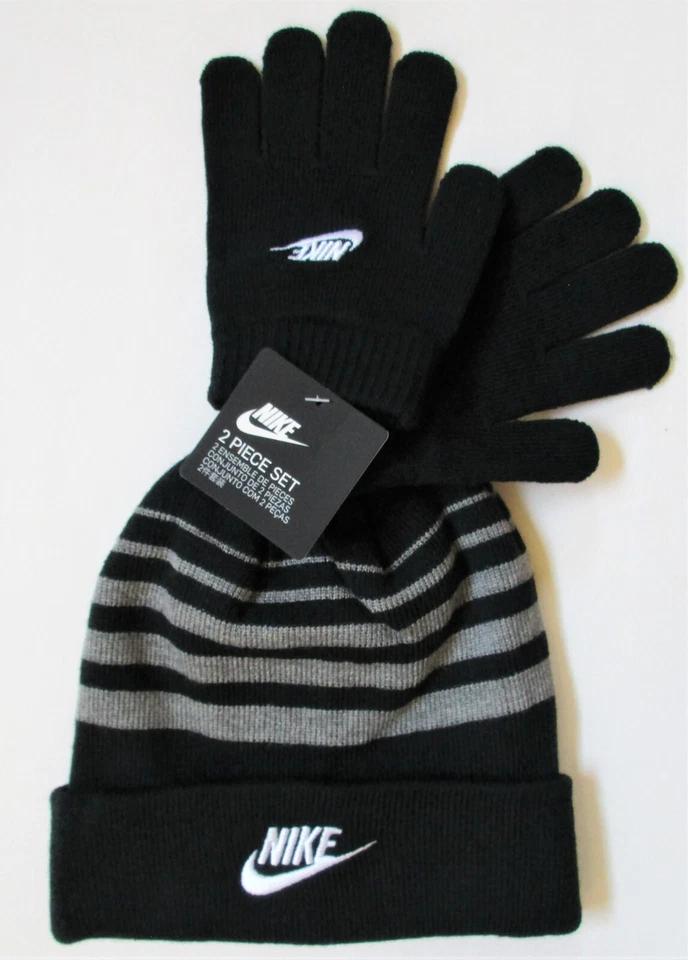 Nike Youth Hat & Gloves Set Black Gray & White Beanie