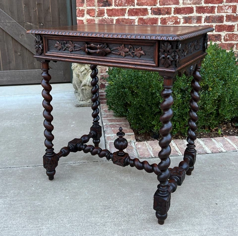 Antique French Petite Desk Writing Table with Drawer Oak Barley Twist Nightstand Cover