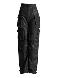 The Attico Big Pocket Leather Pants Rock, Low Waist Overalls PU Wide Leg Pants - Picture 1 of 19