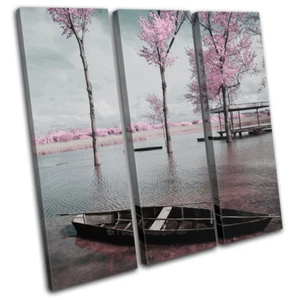 Tree Blossom Pink Sunset Seascape TREBLE CANVAS WALL ART Picture Print - Picture 1 of 1