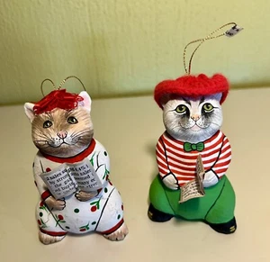 2-NOS Vintage Paper Mache Cat Christmas Ornament Crochet Hand Painted Whimsical - Picture 1 of 7