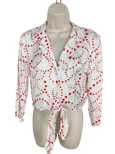 BNWT WOMEN'S TOPSHOP SIZE UK 8 WHITE RED HEARTS TIE FRONT CASUAL CROP BLOUSE TOP - Picture 1 of 4